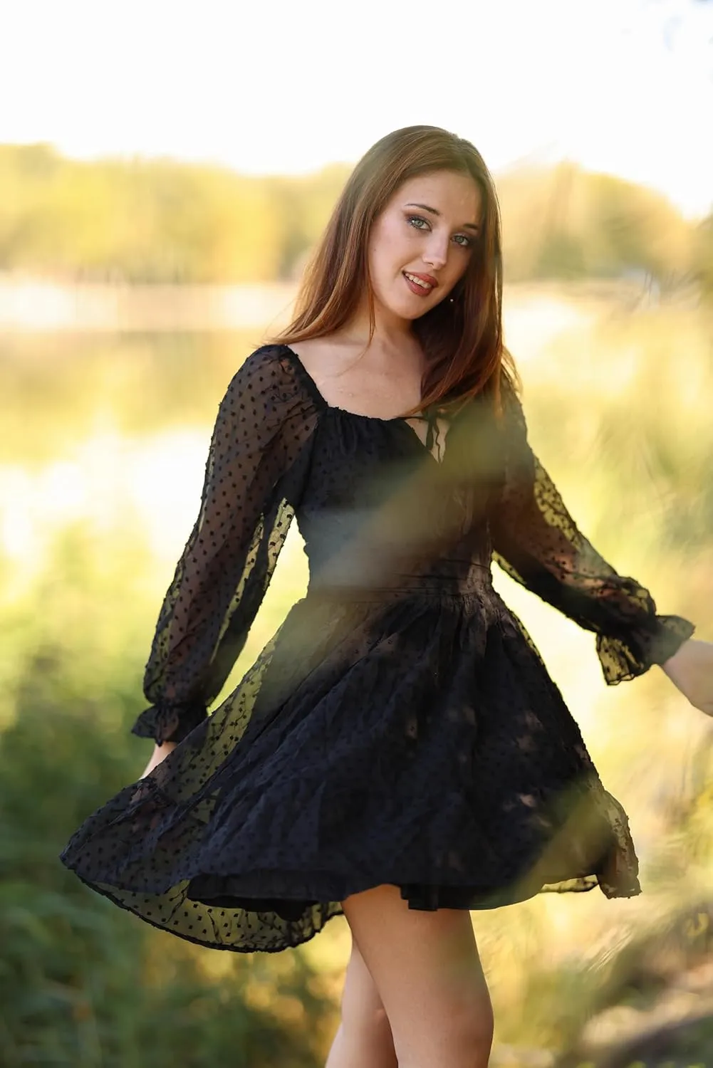 Holipick Long Sleeve Dress for Women Graduation Teen Homecoming Tie Back Square Neck Ruffle A-Line Casual Short Dresses