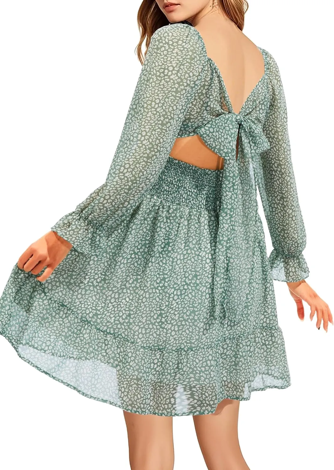 Holipick Long Sleeve Dress for Women Graduation Teen Homecoming Tie Back Square Neck Ruffle A-Line Casual Short Dresses