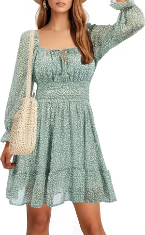Holipick Long Sleeve Dress for Women Graduation Teen Homecoming Tie Back Square Neck Ruffle A-Line Casual Short Dresses