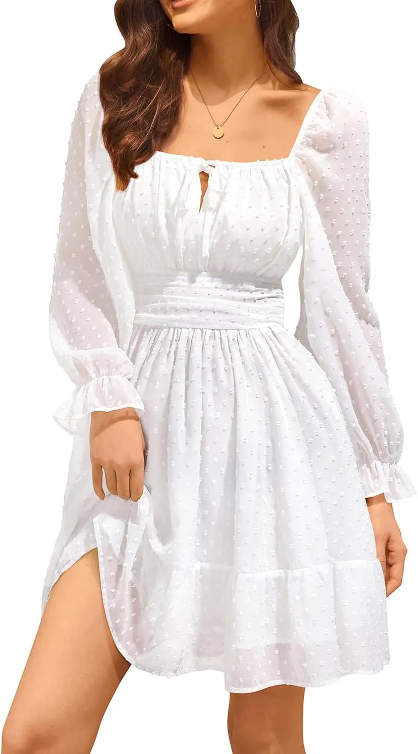 Holipick Long Sleeve Dress for Women Graduation Teen Homecoming Tie Back Square Neck Ruffle A-Line Casual Short Dresses