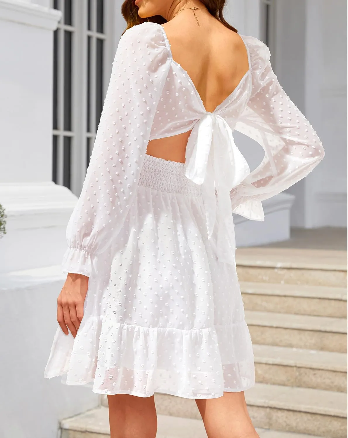 Holipick Long Sleeve Dress for Women Graduation Teen Homecoming Tie Back Square Neck Ruffle A-Line Casual Short Dresses