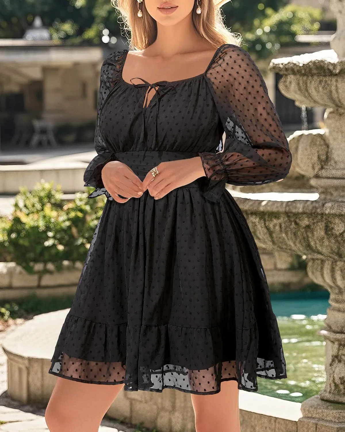 Holipick Long Sleeve Dress for Women Graduation Teen Homecoming Tie Back Square Neck Ruffle A-Line Casual Short Dresses