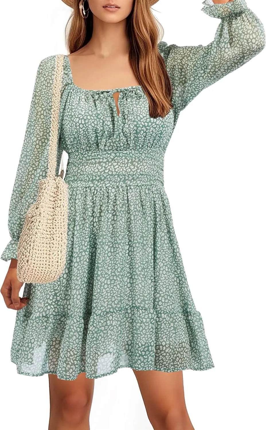 Holipick Long Sleeve Dress for Women Graduation Teen Homecoming Tie Back Square Neck Ruffle A-Line Casual Short Dresses
