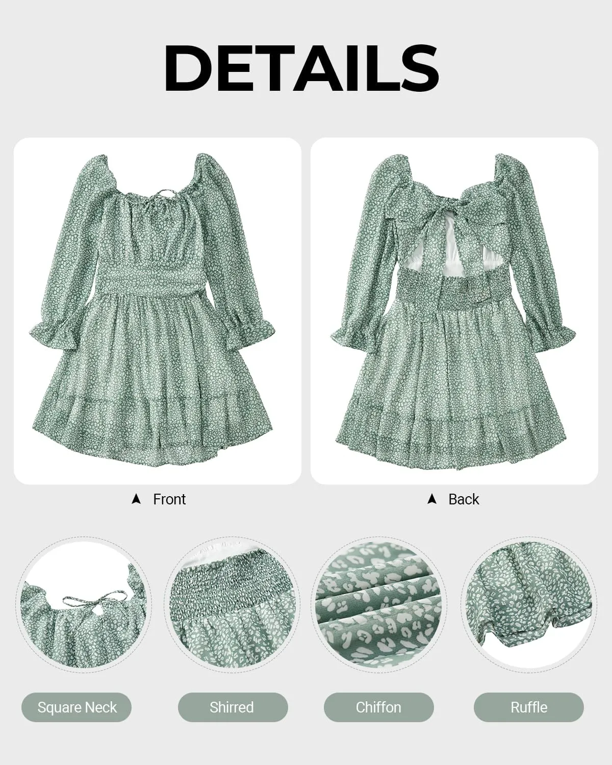 Holipick Long Sleeve Dress for Women Graduation Teen Homecoming Tie Back Square Neck Ruffle A-Line Casual Short Dresses