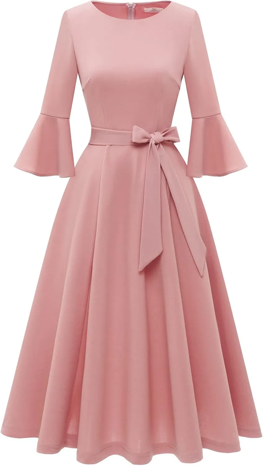 HomRain Women's Church Dresses for 2025 Wedding Guest Cocktail Tea Party Bell Sleeve Vintage Evening Graduation Dress