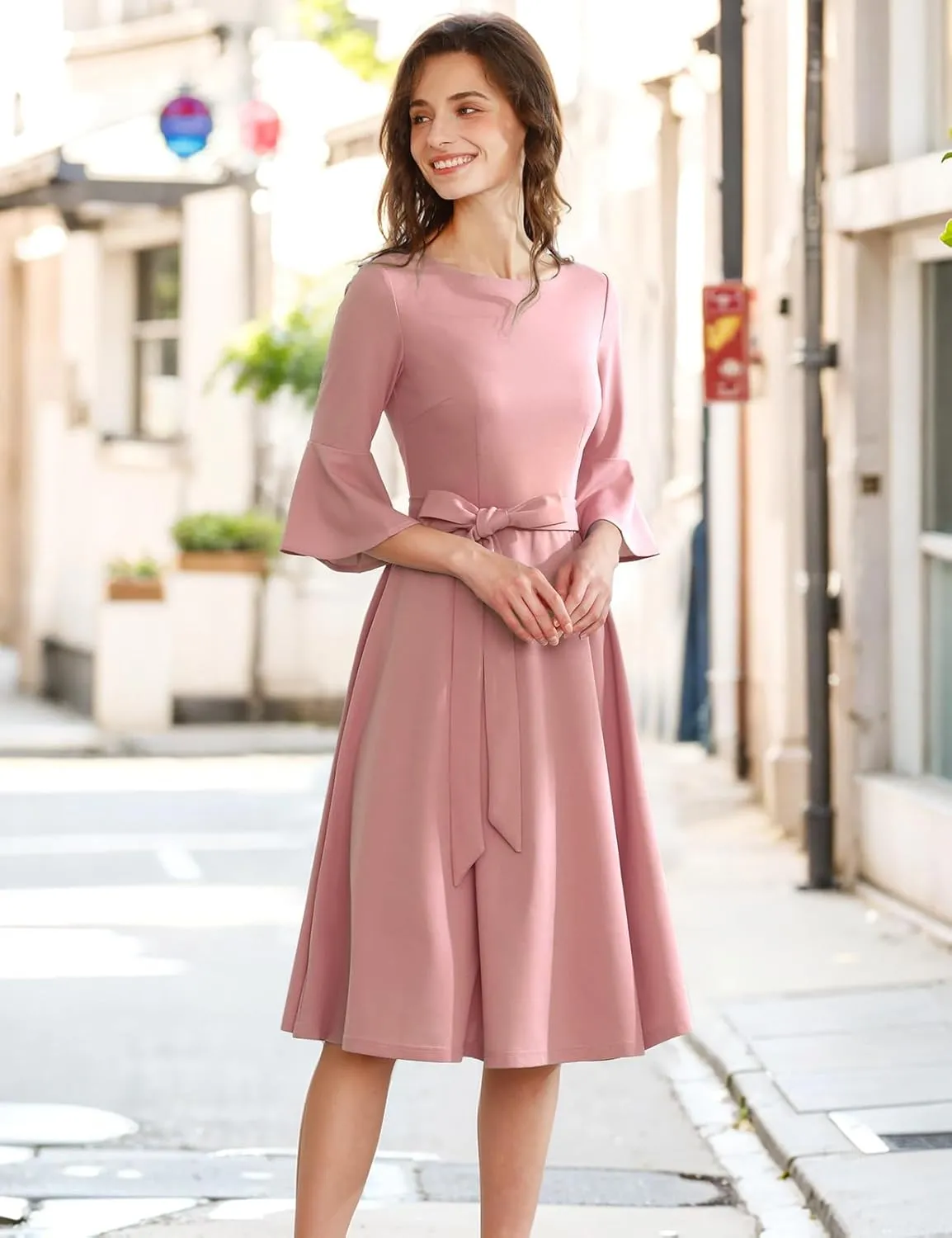 HomRain Women's Church Dresses for 2025 Wedding Guest Cocktail Tea Party Bell Sleeve Vintage Evening Graduation Dress