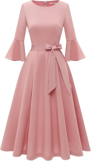 HomRain Women's Church Dresses for 2025 Wedding Guest Cocktail Tea Party Bell Sleeve Vintage Evening Graduation Dress