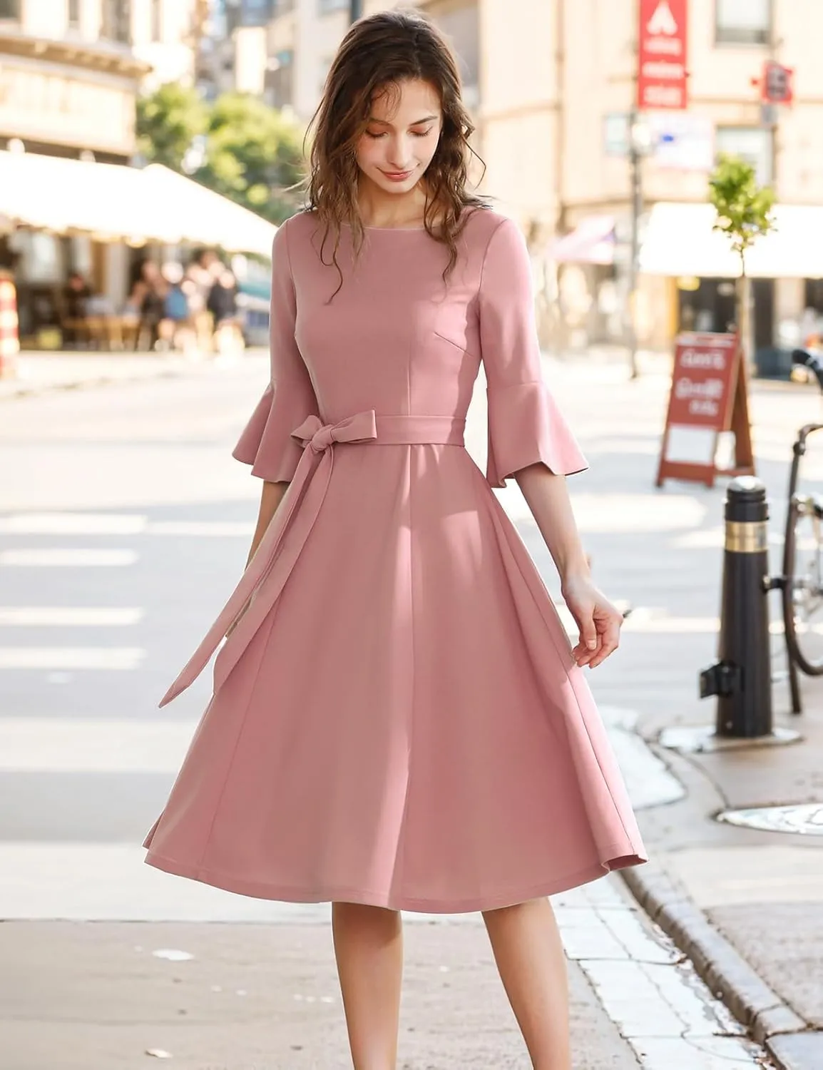 HomRain Women's Church Dresses for 2025 Wedding Guest Cocktail Tea Party Bell Sleeve Vintage Evening Graduation Dress