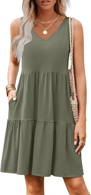 Hount Womens Summer Casual Dresses 2025 V Neck Sleeveless Beach Sundresses Flowy Tiered Tank T Shirt Dress with Pockets