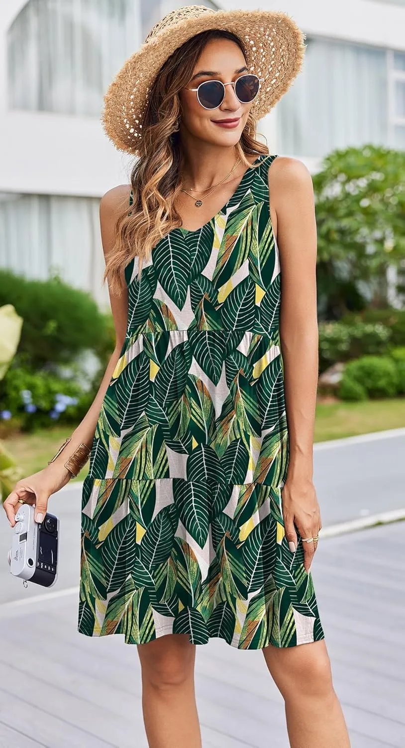 Hount Womens Summer Casual Dresses 2025 V Neck Sleeveless Beach Sundresses Flowy Tiered Tank T Shirt Dress with Pockets
