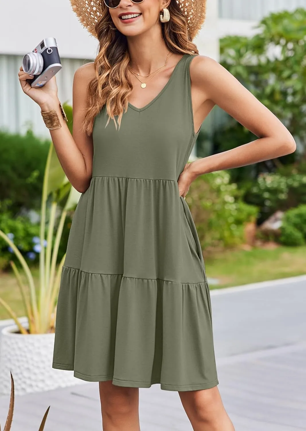 Hount Womens Summer Casual Dresses 2025 V Neck Sleeveless Beach Sundresses Flowy Tiered Tank T Shirt Dress with Pockets