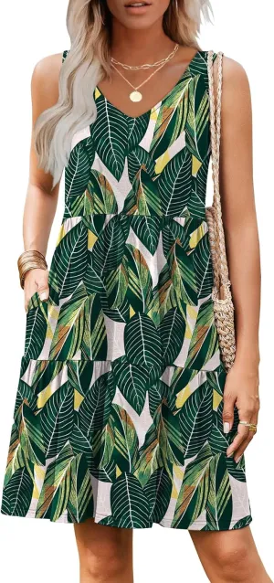 Hount Womens Summer Casual Dresses 2025 V Neck Sleeveless Beach Sundresses Flowy Tiered Tank T Shirt Dress with Pockets