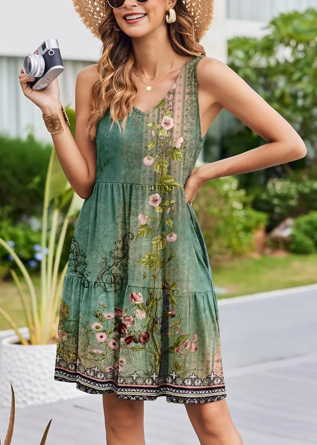 Hount Womens Summer Casual Dresses 2025 V Neck Sleeveless Beach Sundresses Flowy Tiered Tank T Shirt Dress with Pockets