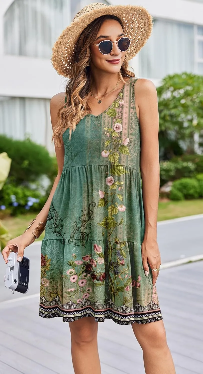 Hount Womens Summer Casual Dresses 2025 V Neck Sleeveless Beach Sundresses Flowy Tiered Tank T Shirt Dress with Pockets