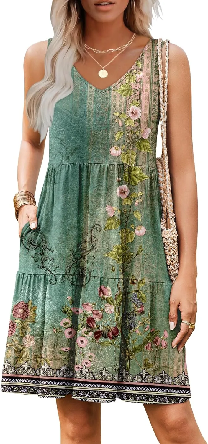 Hount Womens Summer Casual Dresses 2025 V Neck Sleeveless Beach Sundresses Flowy Tiered Tank T Shirt Dress with Pockets