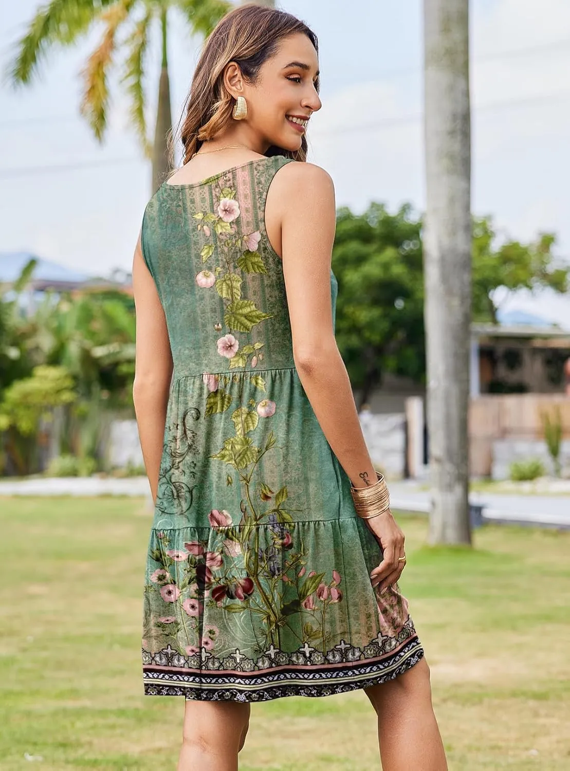 Hount Womens Summer Casual Dresses 2025 V Neck Sleeveless Beach Sundresses Flowy Tiered Tank T Shirt Dress with Pockets
