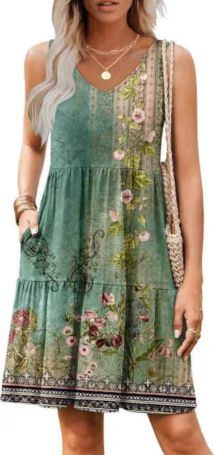 Hount Womens Summer Casual Dresses 2025 V Neck Sleeveless Beach Sundresses Flowy Tiered Tank T Shirt Dress with Pockets