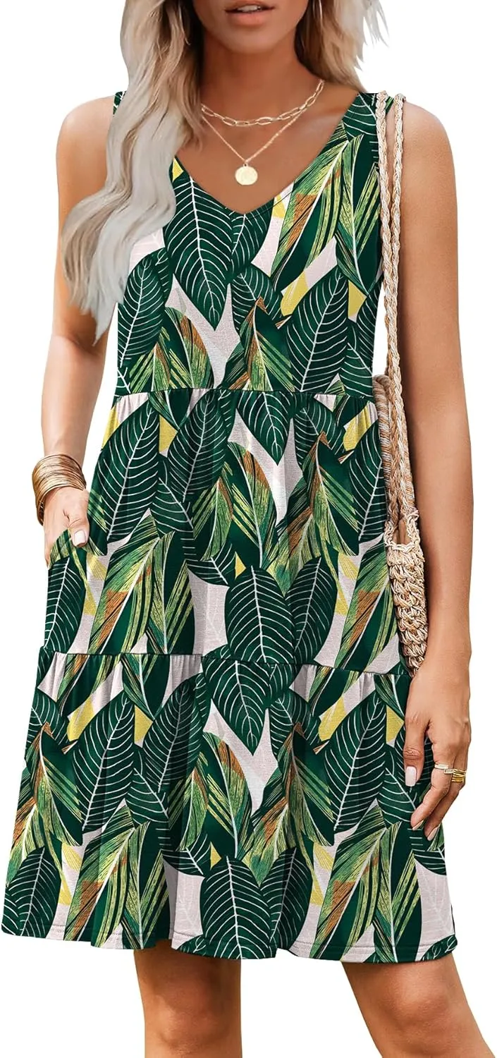 Hount Womens Summer Casual Dresses 2025 V Neck Sleeveless Beach Sundresses Flowy Tiered Tank T Shirt Dress with Pockets