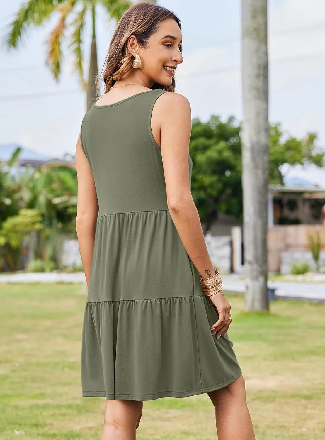 Hount Womens Summer Casual Dresses 2025 V Neck Sleeveless Beach Sundresses Flowy Tiered Tank T Shirt Dress with Pockets