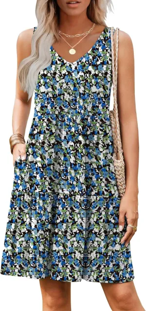 Hount Womens Summer Casual Dresses 2025 V Neck Sleeveless Beach Sundresses Flowy Tiered Tank T Shirt Dress with Pockets
