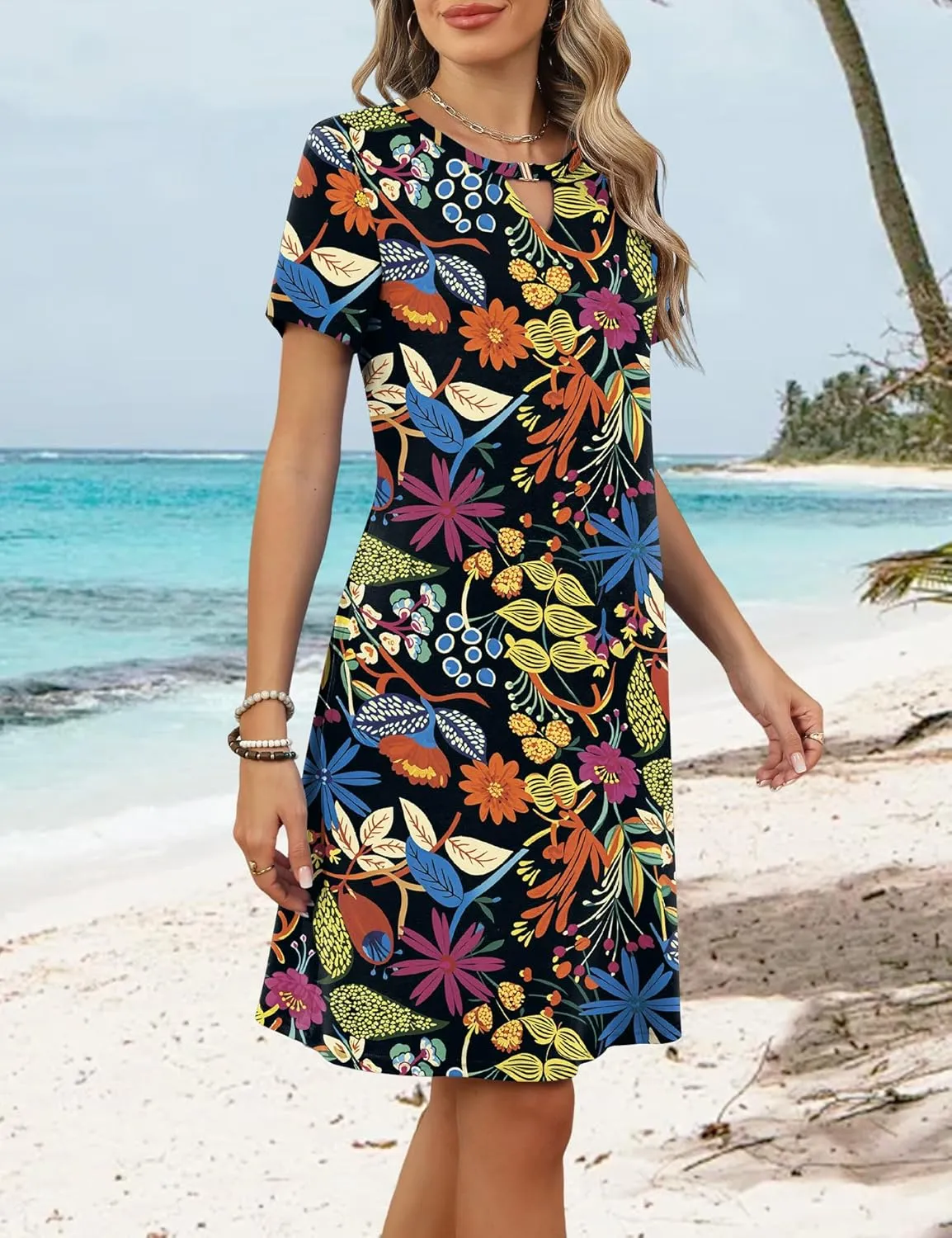 Ivicoer Summer Dresses for Women 2025 Short Sleeve Dress A-Line Mini Dress with Pockets