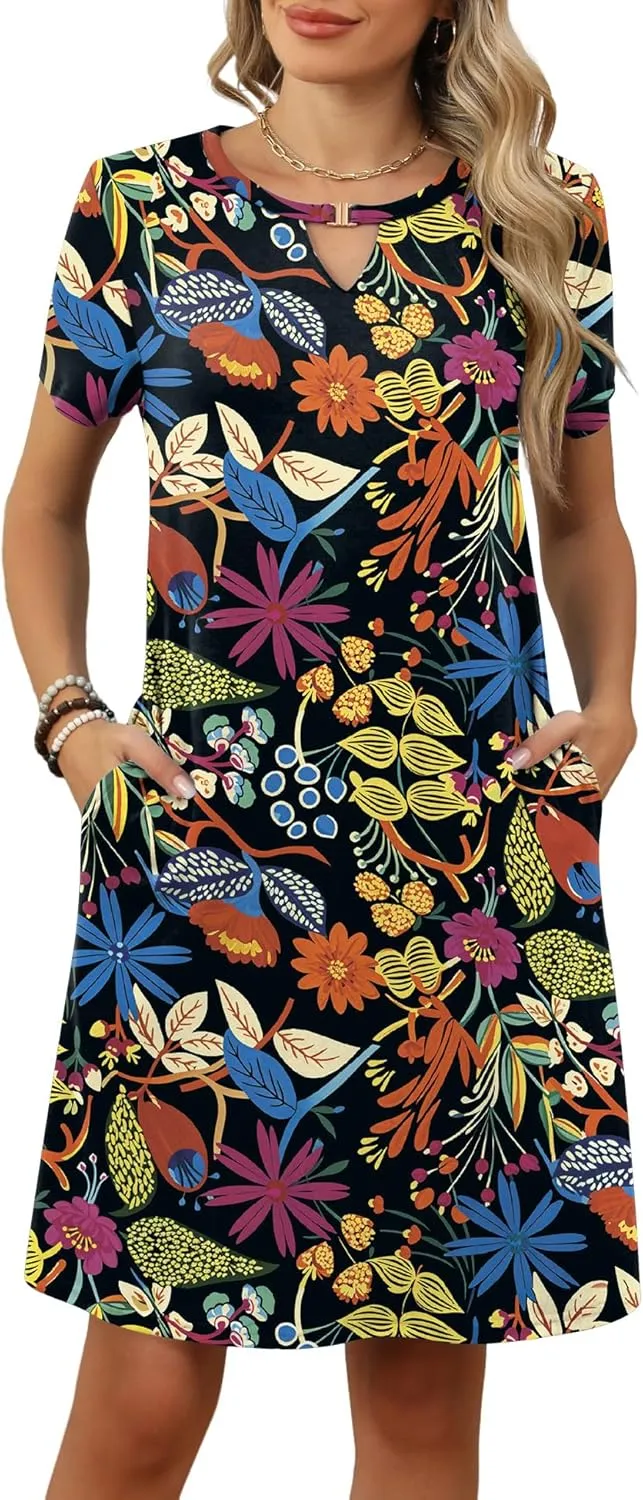 Ivicoer Summer Dresses for Women 2025 Short Sleeve Dress A-Line Mini Dress with Pockets