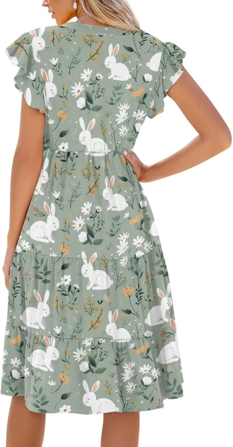 Jndtueit Cute Animal Women's Casual Dresses Tiered Dress Summer Dresses Ruffle Sleeve V Neck Flowy Sundress with Pockets