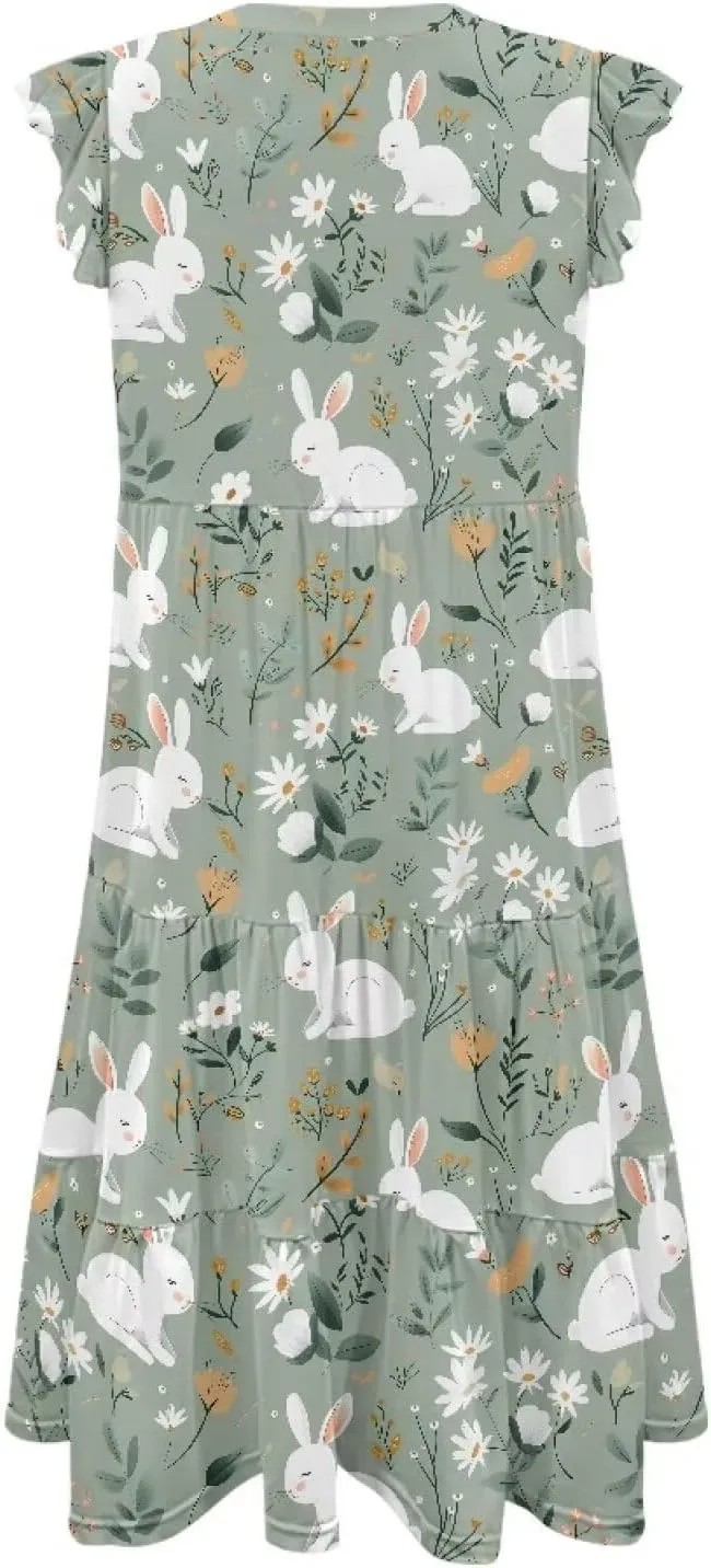 Jndtueit Cute Animal Women's Casual Dresses Tiered Dress Summer Dresses Ruffle Sleeve V Neck Flowy Sundress with Pockets