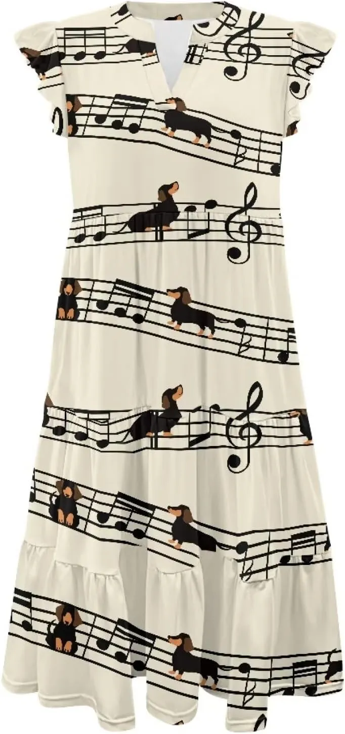 Jndtueit Cute Animal Women's Casual Dresses Tiered Dress Summer Dresses Ruffle Sleeve V Neck Flowy Sundress with Pockets