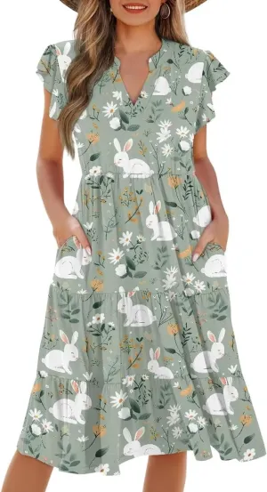 Jndtueit Cute Animal Women's Casual Dresses Tiered Dress Summer Dresses Ruffle Sleeve V Neck Flowy Sundress with Pockets