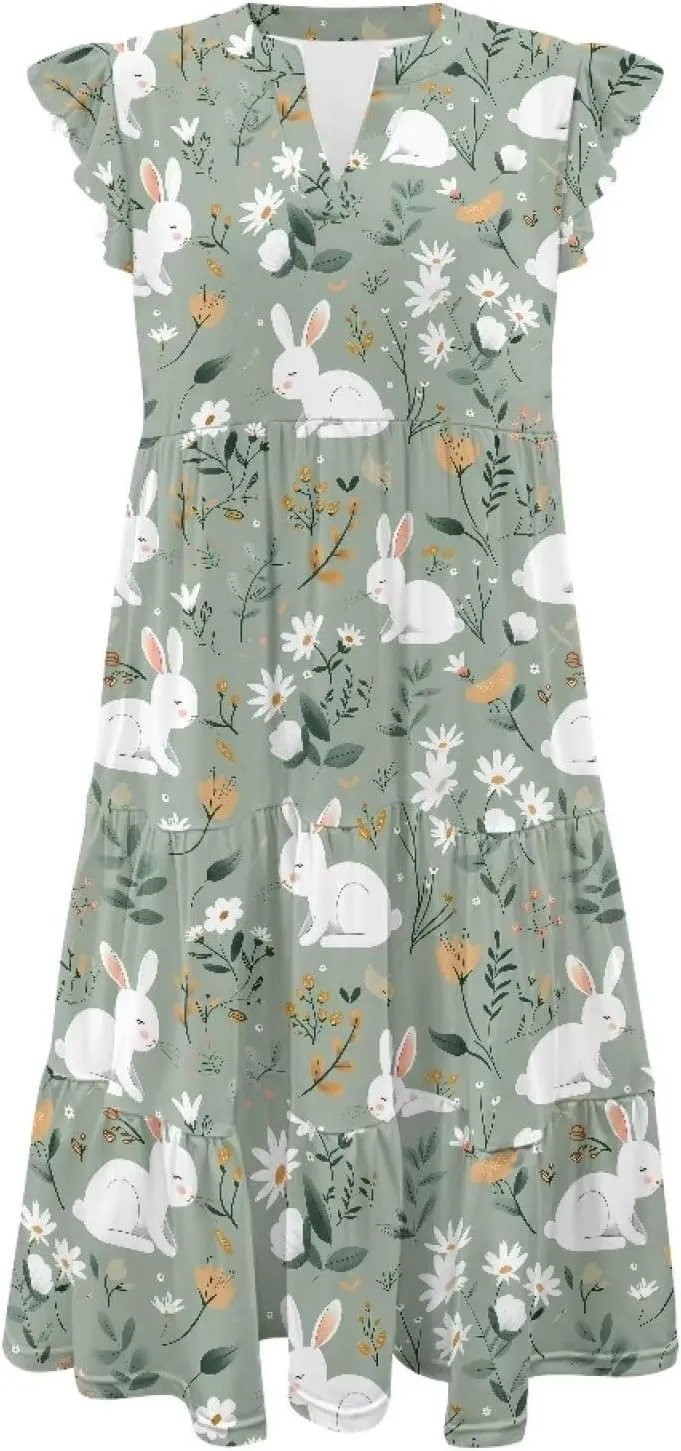 Jndtueit Cute Animal Women's Casual Dresses Tiered Dress Summer Dresses Ruffle Sleeve V Neck Flowy Sundress with Pockets