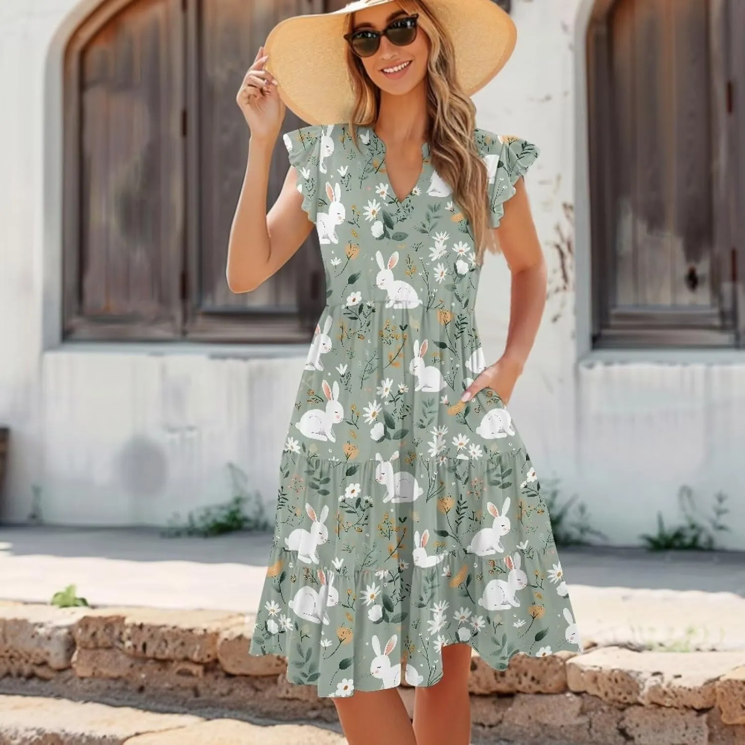 Jndtueit Cute Animal Women's Casual Dresses Tiered Dress Summer Dresses Ruffle Sleeve V Neck Flowy Sundress with Pockets