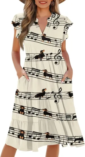 Jndtueit Cute Animal Women's Casual Dresses Tiered Dress Summer Dresses Ruffle Sleeve V Neck Flowy Sundress with Pockets