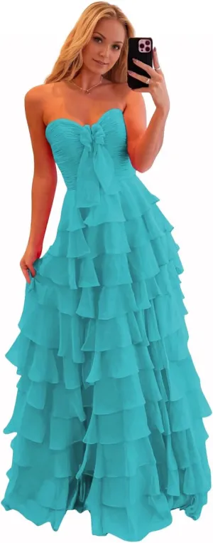 JNXIANGW Tiered Strapless Prom Dresses with Bow Chiffon Long Formal Evening Party Gown for Women Ruffle Corset Ball Gown