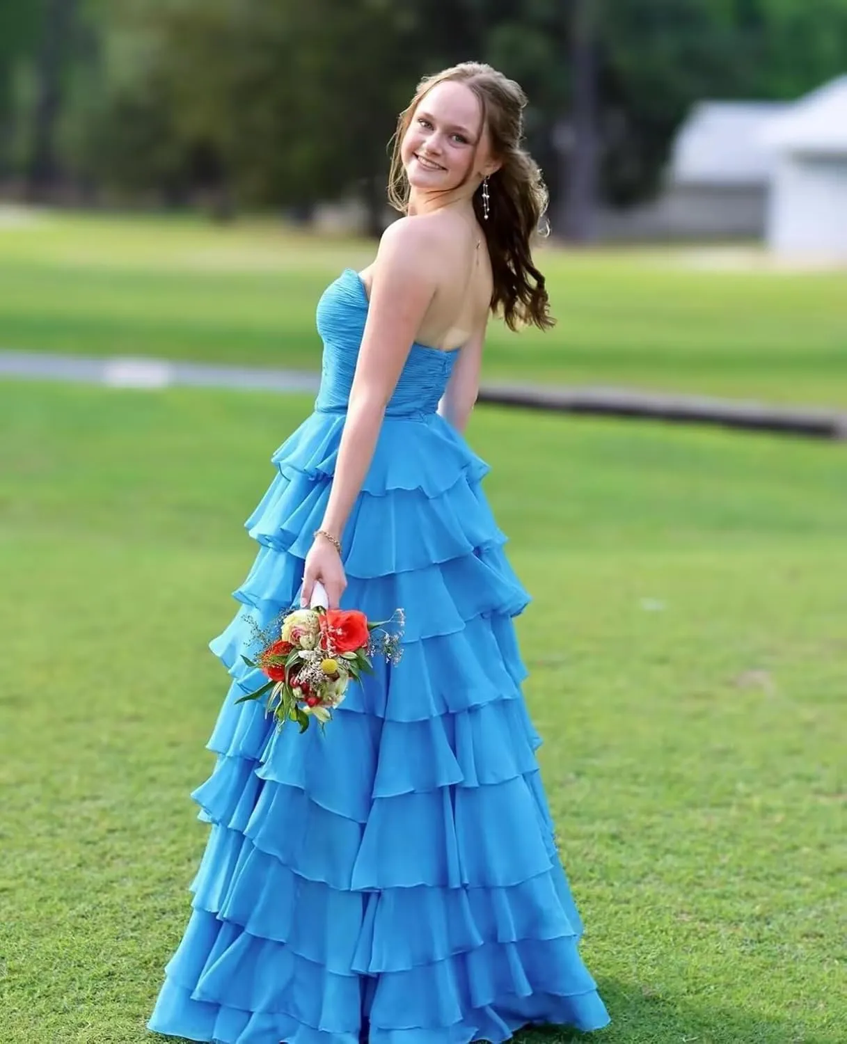 JNXIANGW Tiered Strapless Prom Dresses with Bow Chiffon Long Formal Evening Party Gown for Women Ruffle Corset Ball Gown