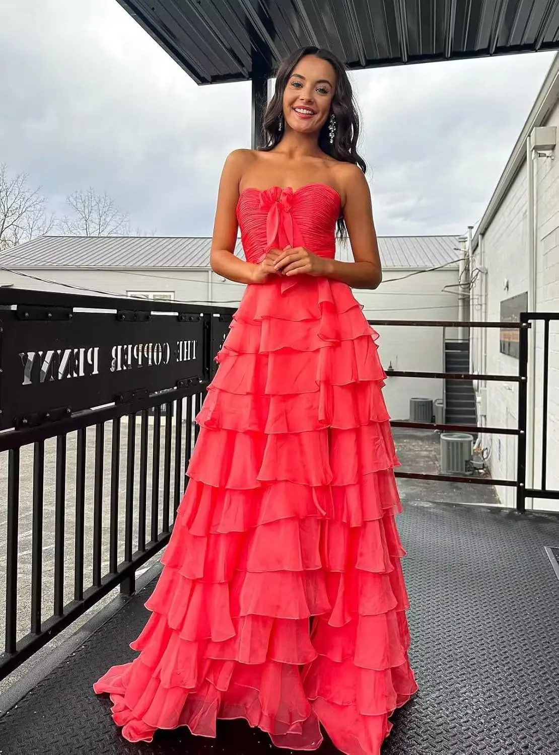 JNXIANGW Tiered Strapless Prom Dresses with Bow Chiffon Long Formal Evening Party Gown for Women Ruffle Corset Ball Gown