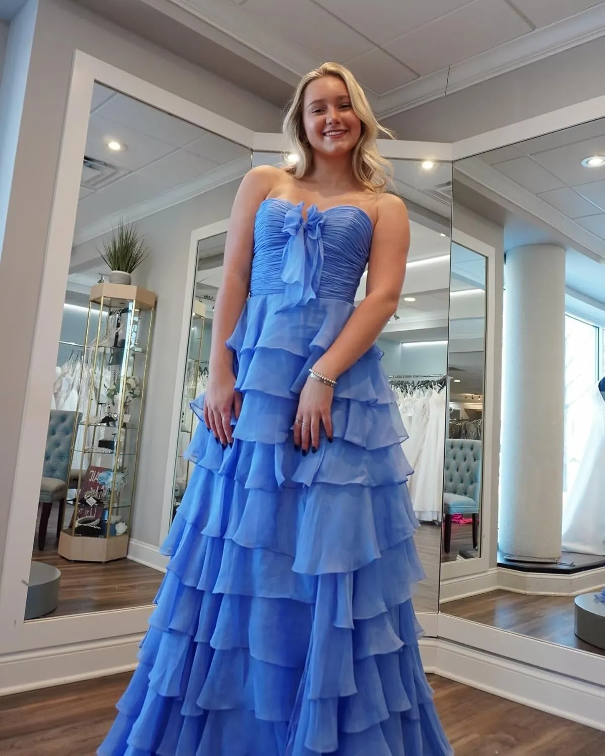 JNXIANGW Tiered Strapless Prom Dresses with Bow Chiffon Long Formal Evening Party Gown for Women Ruffle Corset Ball Gown