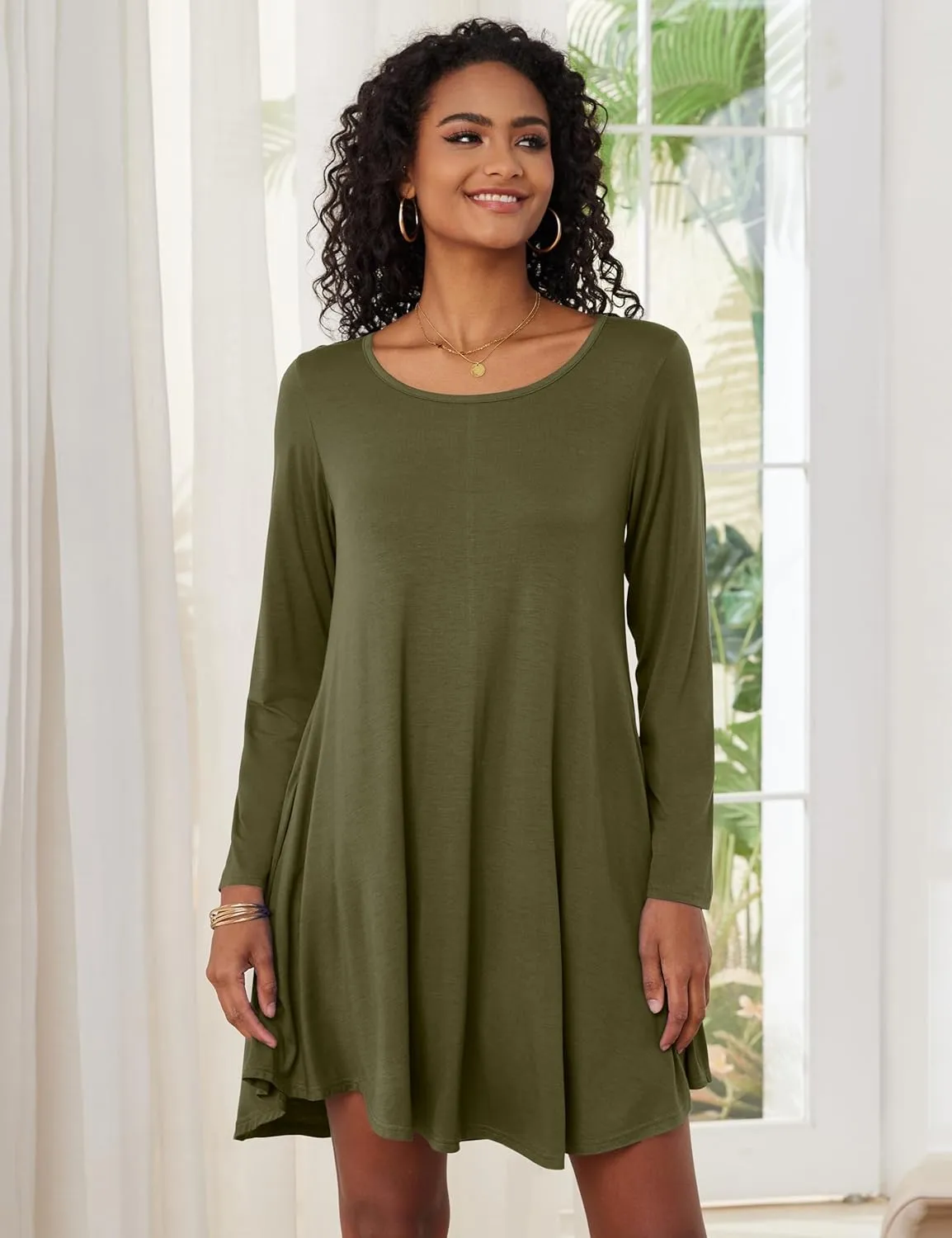 JollieLovin Women Long Sleeve Dress with Pockets Plus Size Swing Casual Loose Tshirt Dresses