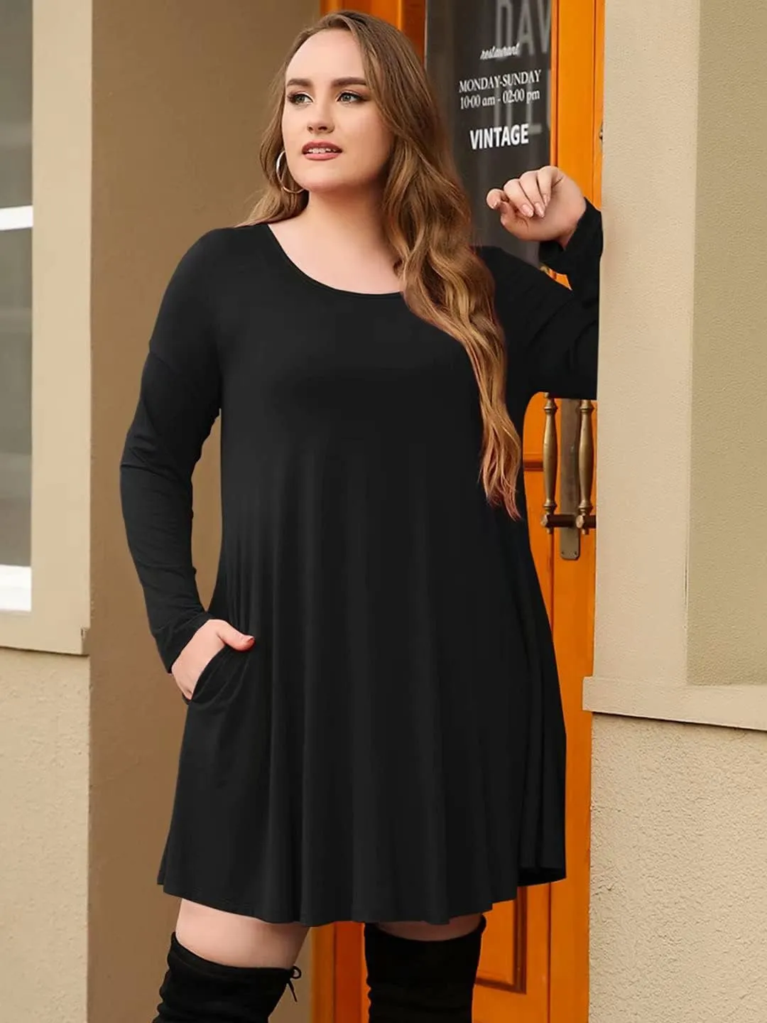JollieLovin Women Long Sleeve Dress with Pockets Plus Size Swing Casual Loose Tshirt Dresses
