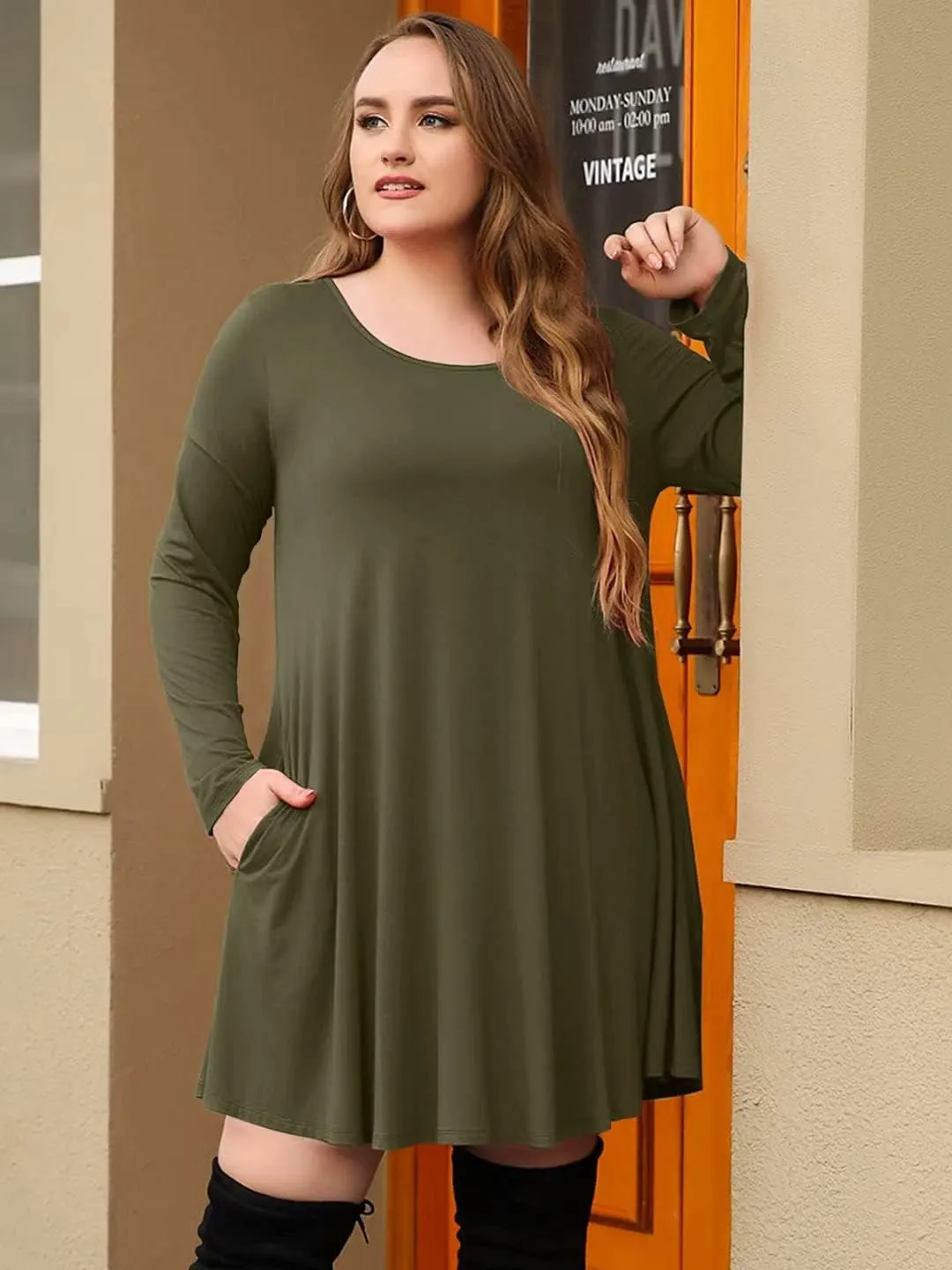 JollieLovin Women Long Sleeve Dress with Pockets Plus Size Swing Casual Loose Tshirt Dresses