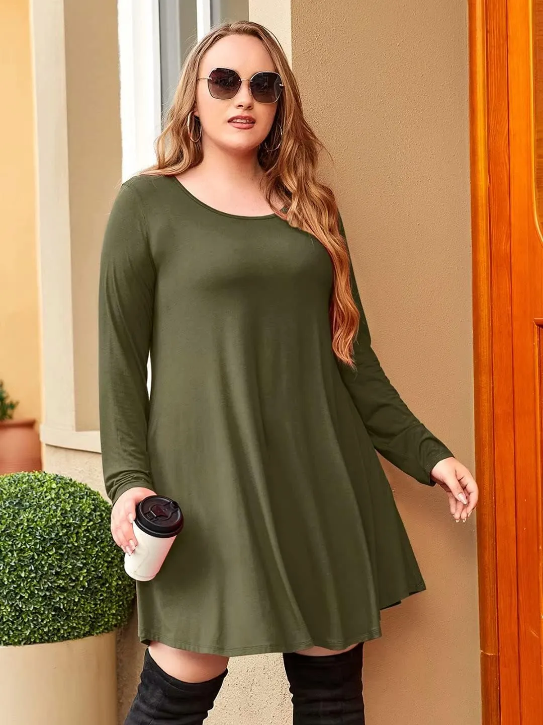 JollieLovin Women Long Sleeve Dress with Pockets Plus Size Swing Casual Loose Tshirt Dresses