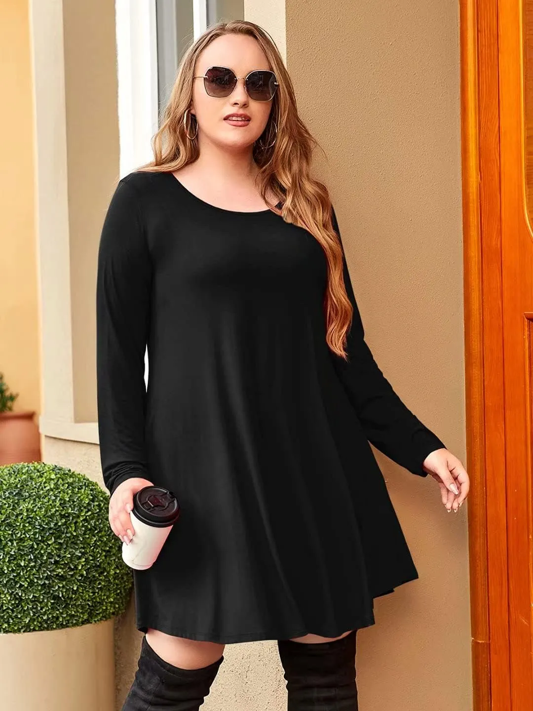 JollieLovin Women Long Sleeve Dress with Pockets Plus Size Swing Casual Loose Tshirt Dresses