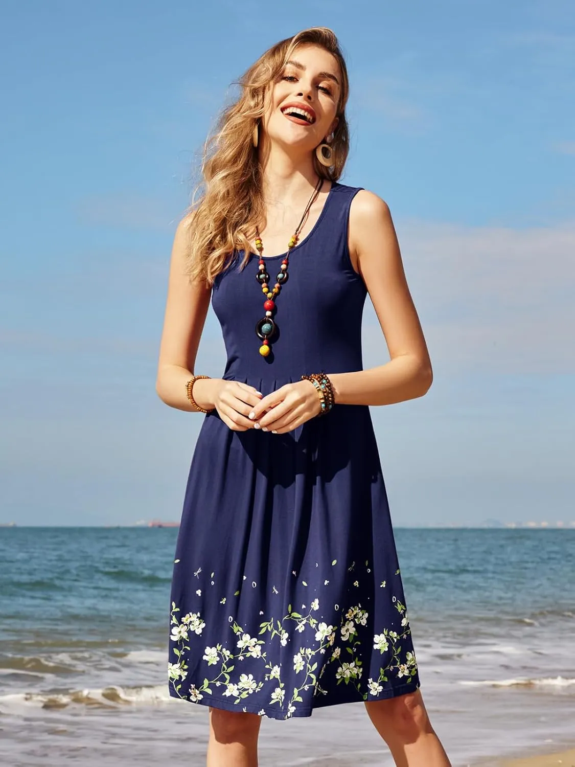 KILIG Womens Summer Dresses 2025 Casual Pleated Floral A-line Tank Sundress Beach Vacation Cruise Outfits