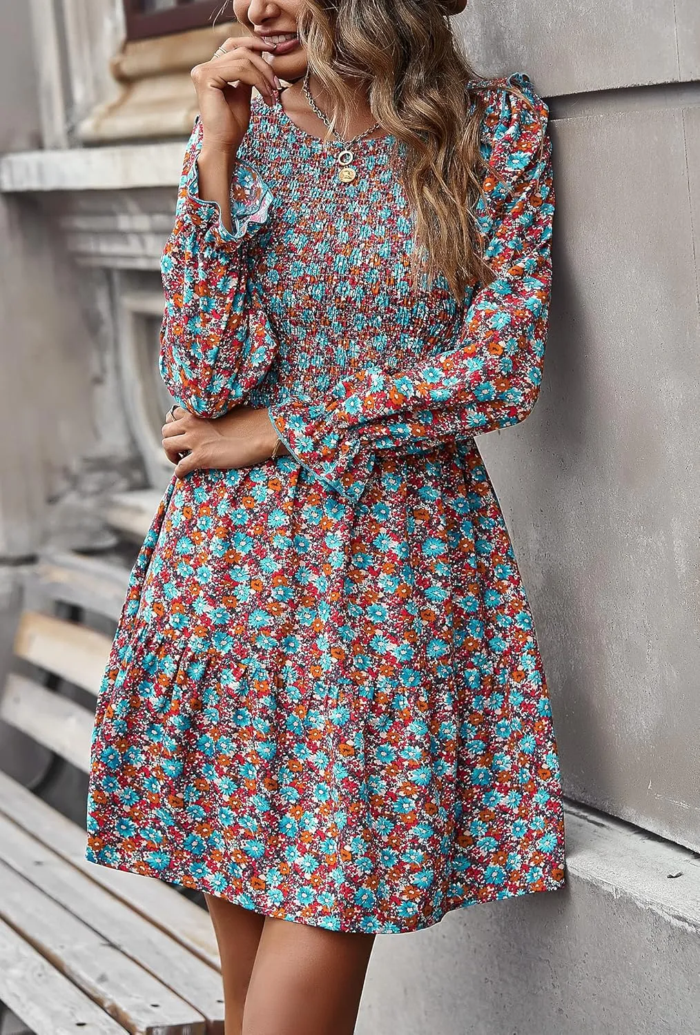 KIRUNDO Spring Dresses for Women 2025 Summer Smocked Long Sleeve Floral Crewneck Ruffle A Line Flowy Party Mini Dress