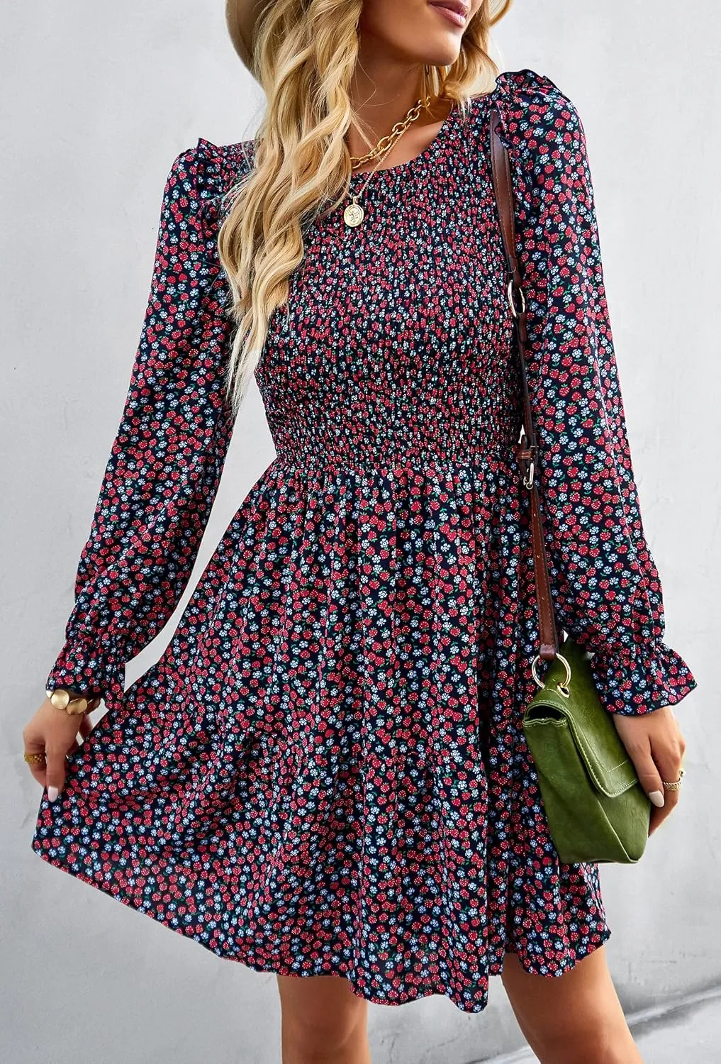 KIRUNDO Spring Dresses for Women 2025 Summer Smocked Long Sleeve Floral Crewneck Ruffle A Line Flowy Party Mini Dress
