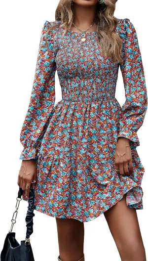 KIRUNDO Spring Dresses for Women 2025 Summer Smocked Long Sleeve Floral Crewneck Ruffle A Line Flowy Party Mini Dress