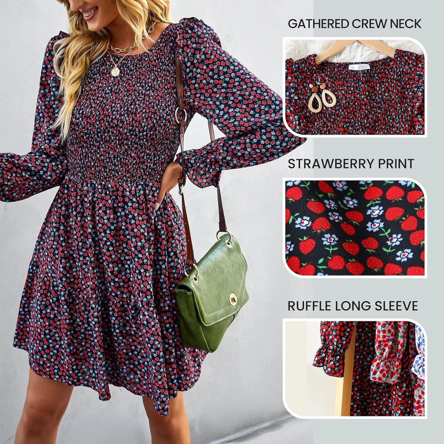 KIRUNDO Spring Dresses for Women 2025 Summer Smocked Long Sleeve Floral Crewneck Ruffle A Line Flowy Party Mini Dress