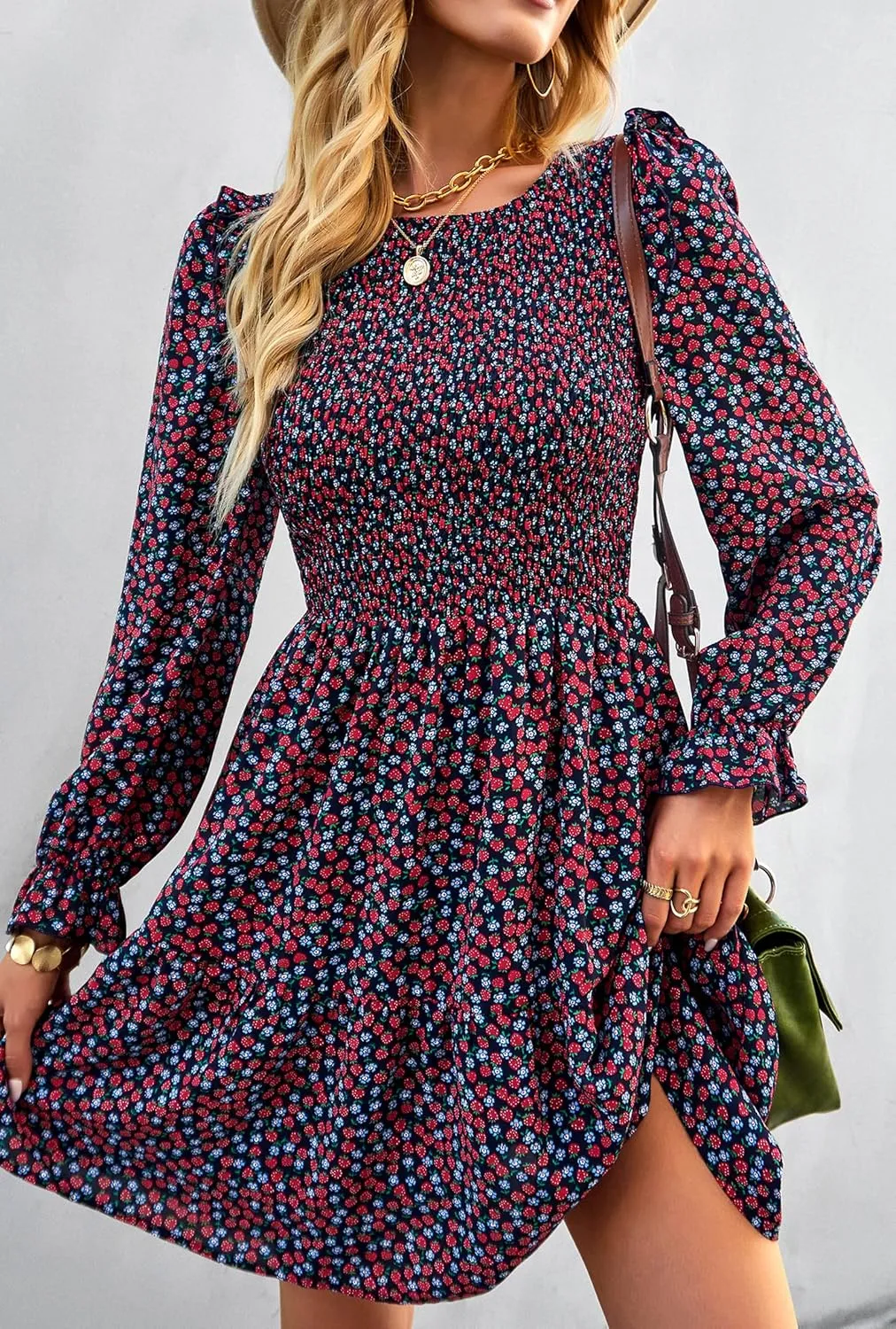 KIRUNDO Spring Dresses for Women 2025 Summer Smocked Long Sleeve Floral Crewneck Ruffle A Line Flowy Party Mini Dress