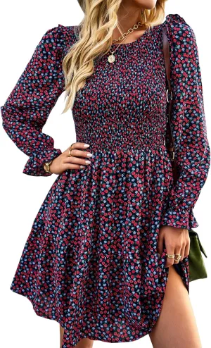 KIRUNDO Spring Dresses for Women 2025 Summer Smocked Long Sleeve Floral Crewneck Ruffle A Line Flowy Party Mini Dress