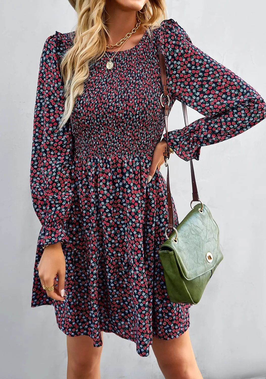 KIRUNDO Spring Dresses for Women 2025 Summer Smocked Long Sleeve Floral Crewneck Ruffle A Line Flowy Party Mini Dress